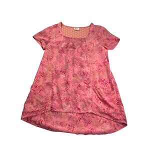 Go Fish Tunic Top Size L 2 Pockets Abstract Pink Eyelet Back Rayon Hand Made